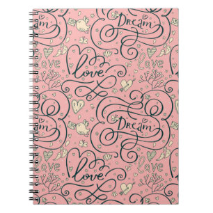 Caderno Espiral Teste padrão romântico com corações e pássaro