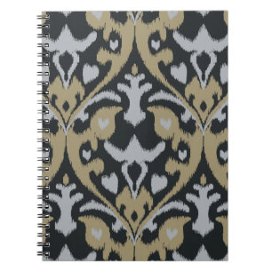 Caderno Espiral Teste padrão tribal do ikat preto bege cinzento