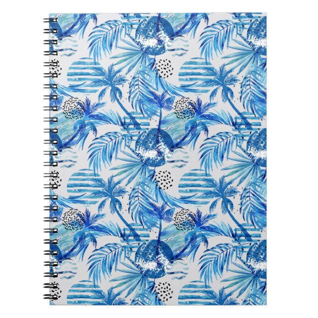 Caderno Espiral Teste padrão tropical azul brilhante da aguarela (Frente)