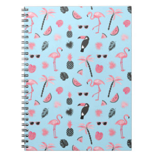 Caderno Espiral Teste padrão tropical do verão cor-de-rosa & azu