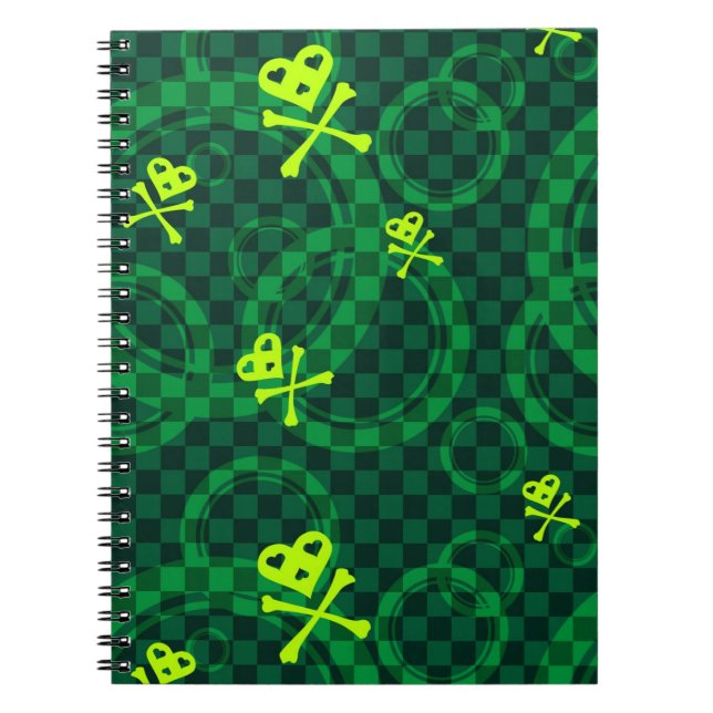 Caderno Espiral Teste padrão verde de Emo com círculos (Frente)