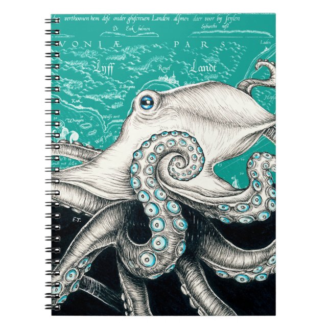 Caderno Espiral Teto de Mapa de Octopus Branco (Frente)