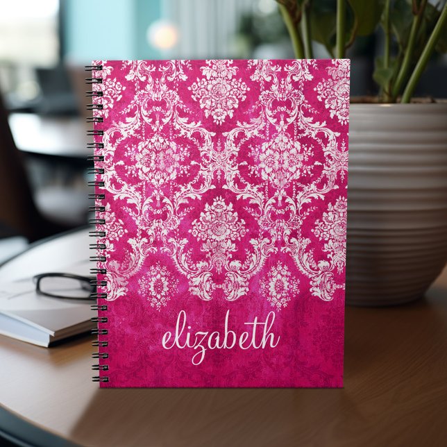 Caderno Espiral Texto Personalizado de Cor damasco Rosa Quente (Personalized notebook - add your name or other text)