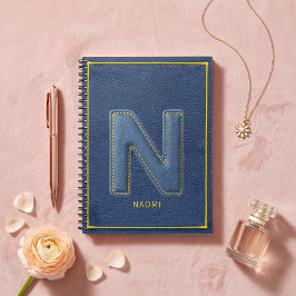 Caderno Espiral Textura de Denim Azul Costura Amarela Monograma N