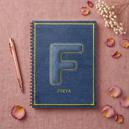 Caderno Espiral Textura de Jeans Azul com Monograma Inicial F Nome