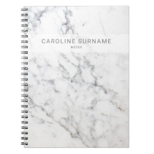 Caderno Espiral Textura de mármore branco falso e texto personaliz