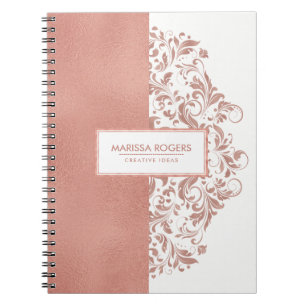 Caderno Espiral Textura Dourada moderna de Rosa e espirais em bran