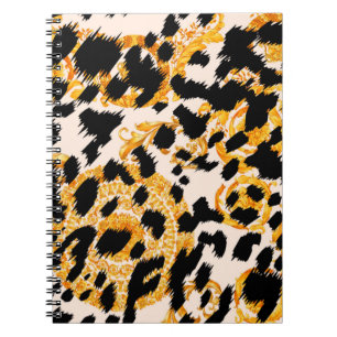Caderno Espiral Textura leopardo com padrão barroco-ouro