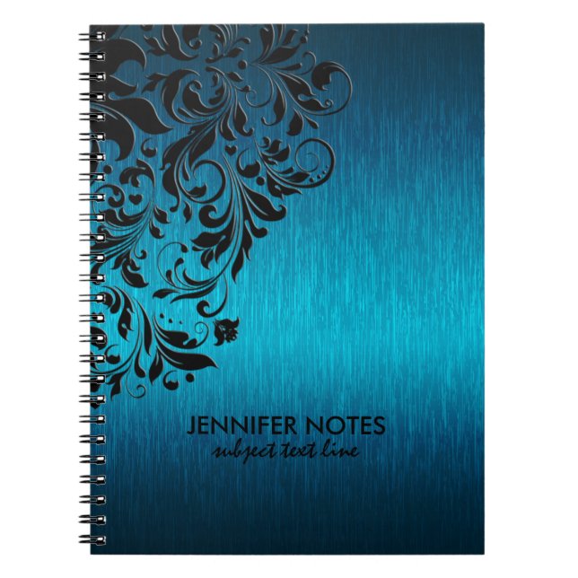 Caderno Espiral Textura Metálica Turquesa e renda Floral Preta (Frente)