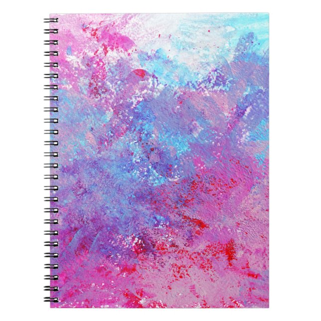 Caderno Espiral Textura rosa-azul criativa, manchas de tinta. (Frente)