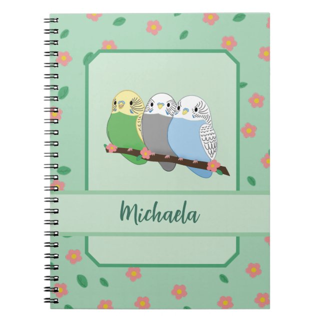 Caderno Espiral Three Cute Budgies Floral Cherry Spiral Notebook (Frente)