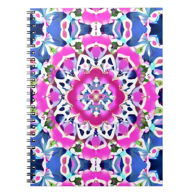 Caderno Espiral Tie Dye Mandala Padrão Denim Azul e Rosa (Frente)