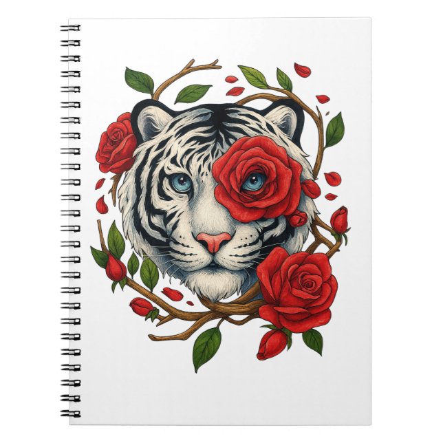 Caderno Espiral Tigre branco com Rosas vermelhas - Floral de vida  (Frente)