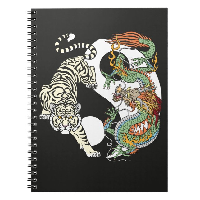 Caderno Espiral Tigre branco versus dragão verde na yin yang não (Frente)