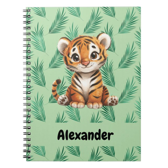 Caderno Espiral Tigre de desenho animado em folhas tropicais (Frente)