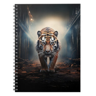 Caderno Espiral Tigre preto e laranja antigo na floresta surreal n