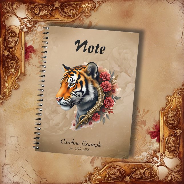 Caderno Espiral Tigre Steampunk com Ilustração de Rosas (Criador carregado)