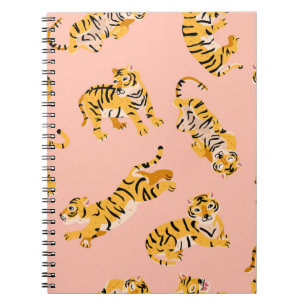 Caderno Espiral Tigres de desenho animado, padrão vintage rosa.