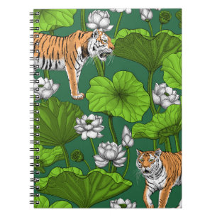 Caderno Espiral Tigres na lagoa branca de lótus