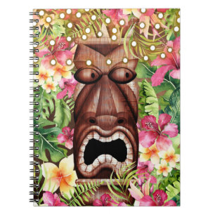 Caderno Espiral Tiki Havaiano de Madeira Festa de Verão Floral da 