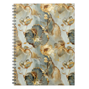 Caderno Espiral Tinta Floral Watercolor Azuis Dourados Cinzas