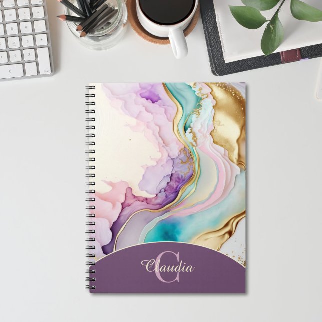 Caderno Espiral Tinta Líquida do Mármaco Monograma Elegante (feminine notebook with monogram)