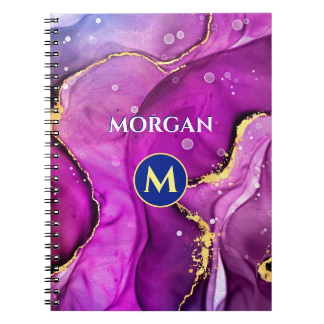 Caderno Espiral Tinta líquida violeta vermelha e Dourada, monogram (Frente)