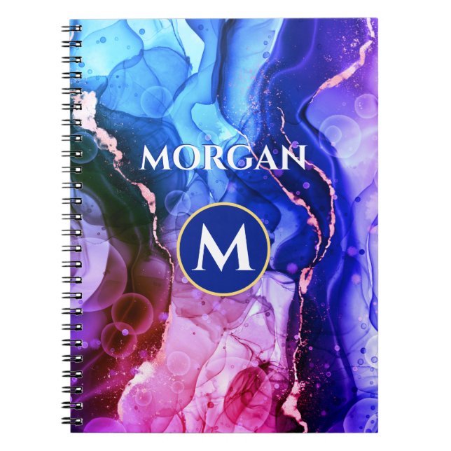 Caderno Espiral Tinta Líquida Violeta Vermelha Roxa Azul, Monogram (Frente)