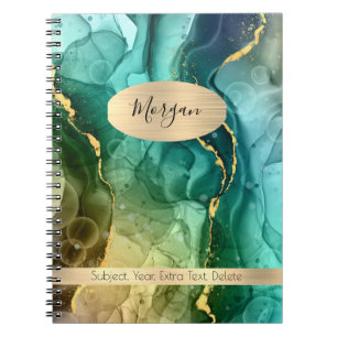 Caderno Espiral Tinta Teal e Dourada Abstrato, Nome/Assunto