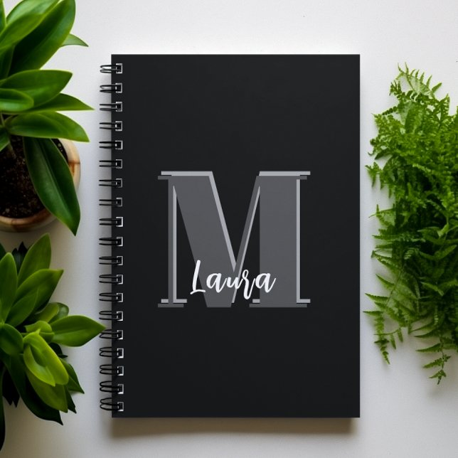 Caderno Espiral Tipografia de Caligrafia Simples na moda Monograma (Simple black and white monogram notebook
)