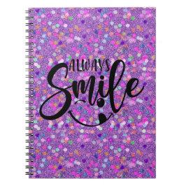 Caderno Espiral Tipografia Sempre Sorria com Brilho Falso Roxo