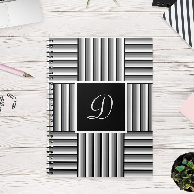 Caderno Espiral Tiras modernas em preto, branco e cinza - Monogram (Criador carregado)