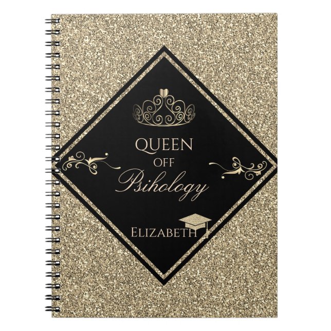 Caderno Espiral Toca de Formatura em Glitter Dourado, Tiara (Frente)