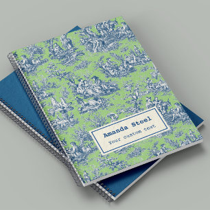 Caderno Espiral Toile de Jouy Azul Verde Vintage Francês