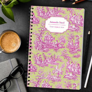 Caderno Espiral Toile de Jouy Verde Rosa Vintage País Francês