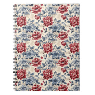 Caderno Espiral Toile francesa & Toile de Jouy. Rosas azuis e verm