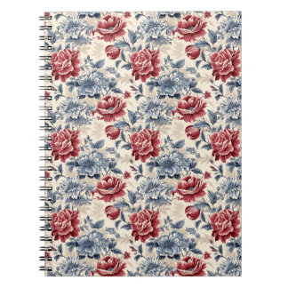 Caderno Espiral Toile francesa & Toile de Jouy rosas azuis e verme