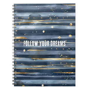 Caderno Espiral Tons de Azul Listras Douradas Pontos Sonhos
