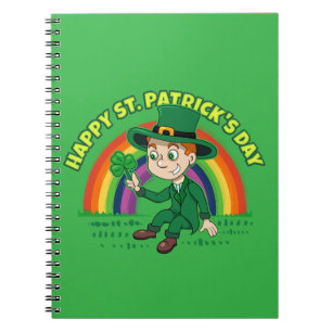 Caderno Espiral Toon leprechaun bonito com shamrock e arco-íris
