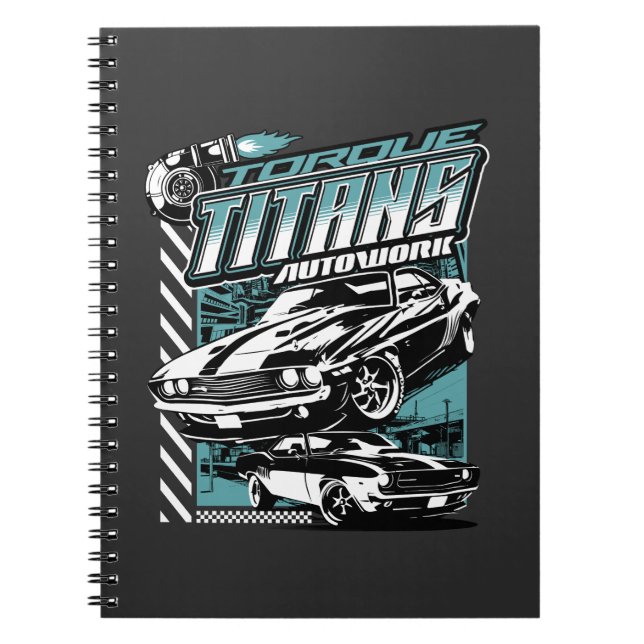 CADERNO ESPIRAL TORQUE TITANS AUTOWORKS - USA LEGEND CARROS (Frente)