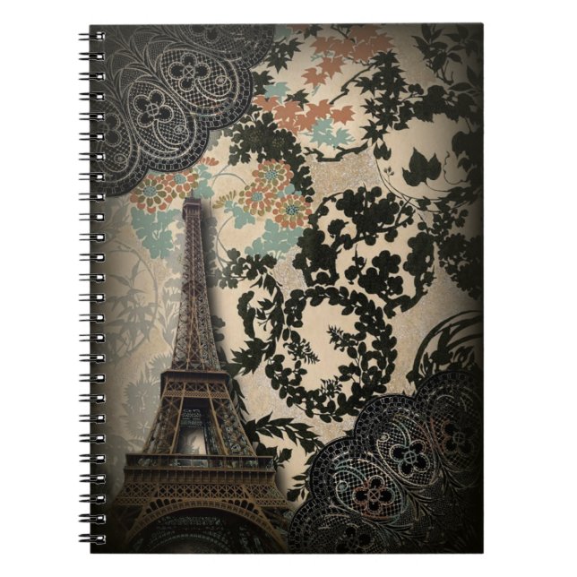 Caderno Espiral torre de eiffel floral preto boêmio paris paris ei (Frente)