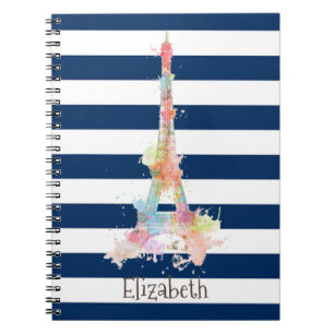 Caderno Espiral Torre Eiffel Colorida Listras Azul Marinho