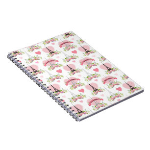 Caderno Espiral Torre Eiffel Flor Corações Rosa Paris Francês