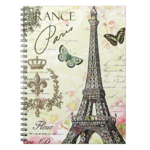 Caderno Espiral torre Eiffel moderna do francês do vintage