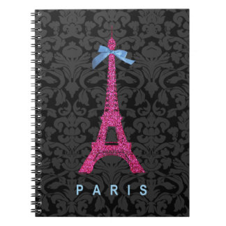Caderno Espiral Torre Eiffel rosa quente com brilho sujo