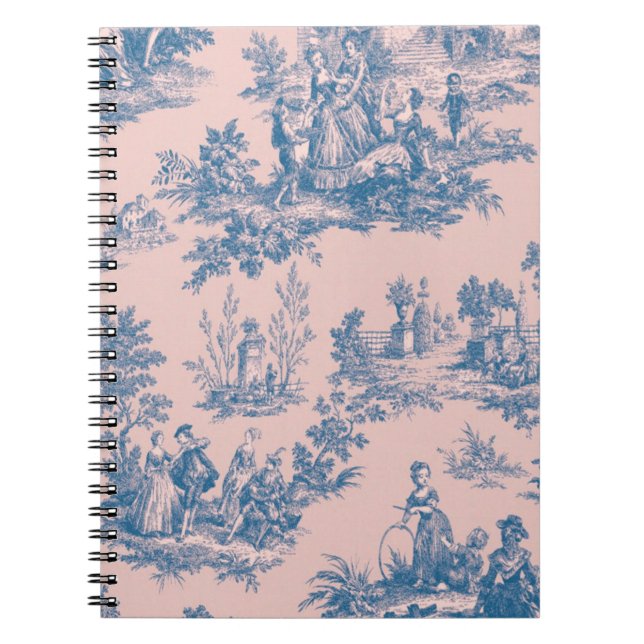 Caderno Espiral Torre francesa de jouy azul e rosa elegante (Frente)