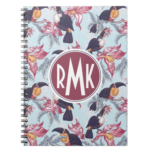 Caderno Espiral Toucans com monograma exótico das flores | (Frente)