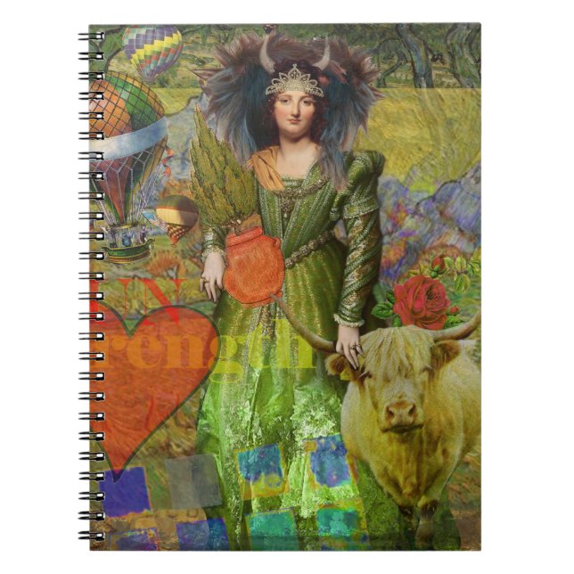 Caderno Espiral Touro Fantasioso Mulher Colagem Celestial Fantasia (Frente)