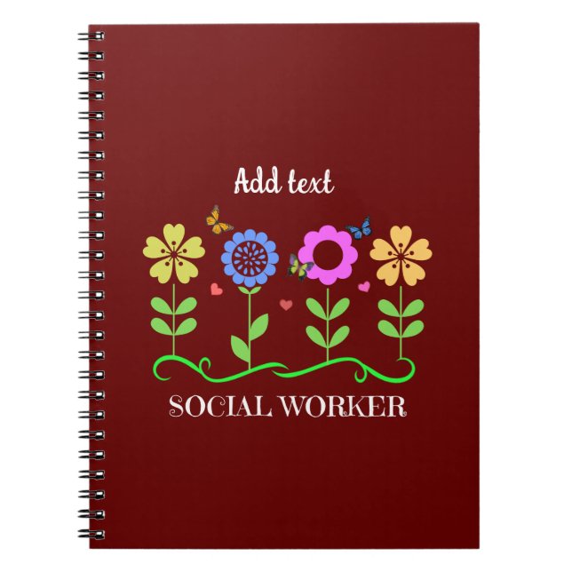 Caderno Espiral Trabalhador social, flores gráficas, MODELO, (Frente)