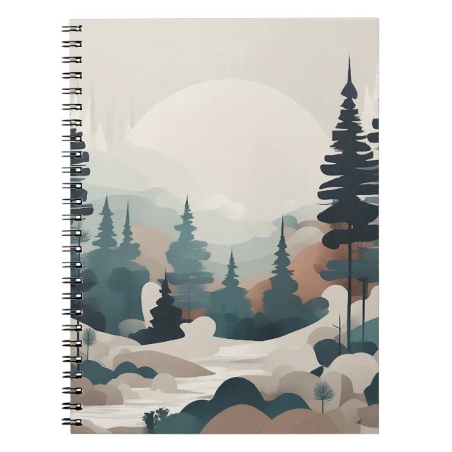 Caderno Espiral Trabalho de arte de Paisagem de Floresta de Boho (Frente)